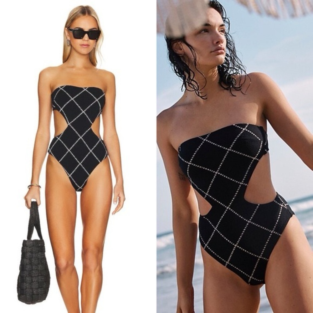 DEVON WINDSOR Black One-Piece Cutout Swimsuit with White Grid